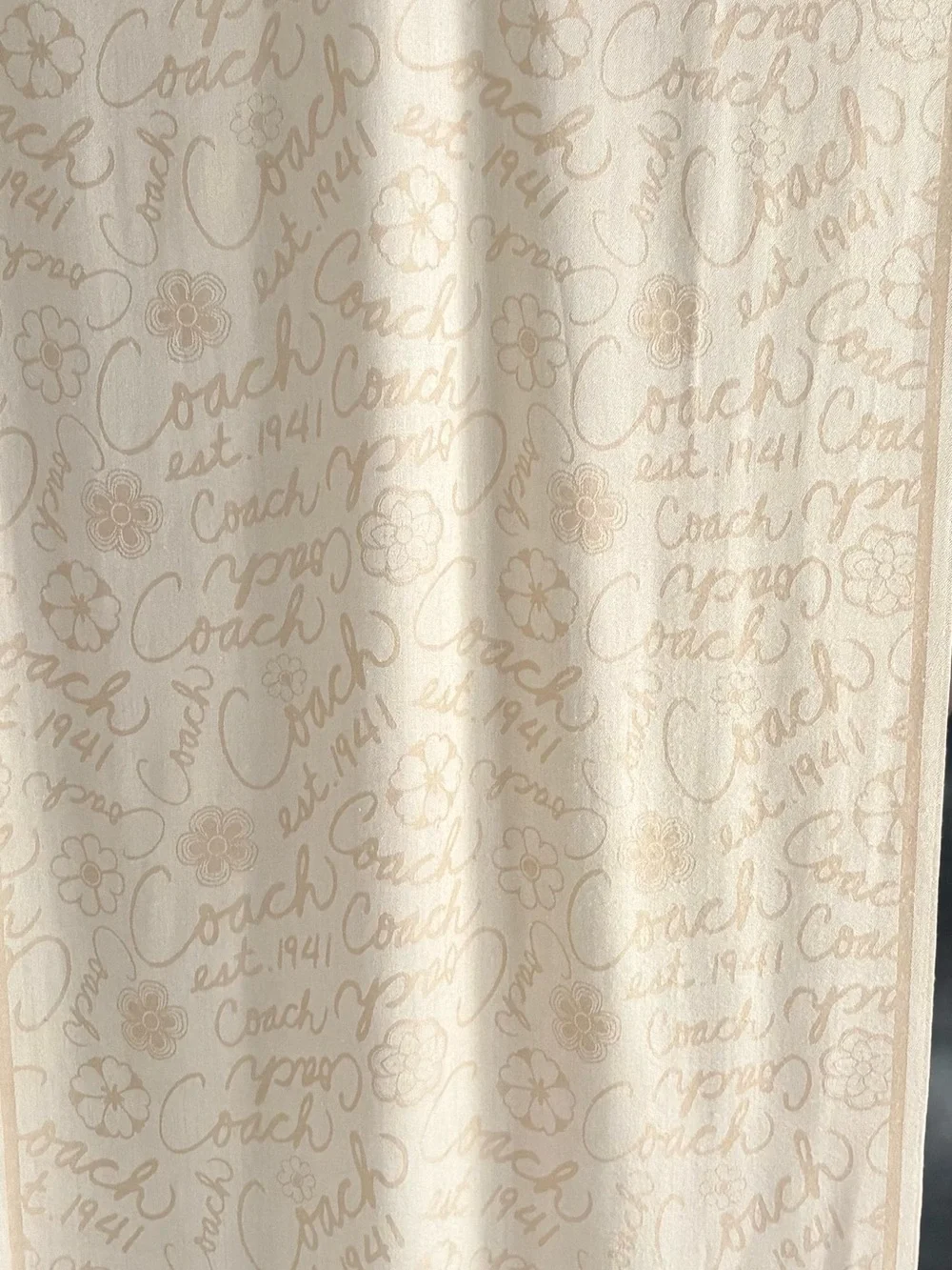 Coach Cream Script-Print scarf pashmina shawl with flowers logo silk wool As Is